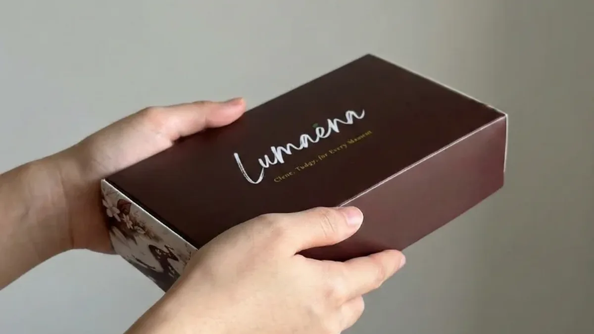 Dua tangan memegang kotak brownies Lumaena berwarna cokelat